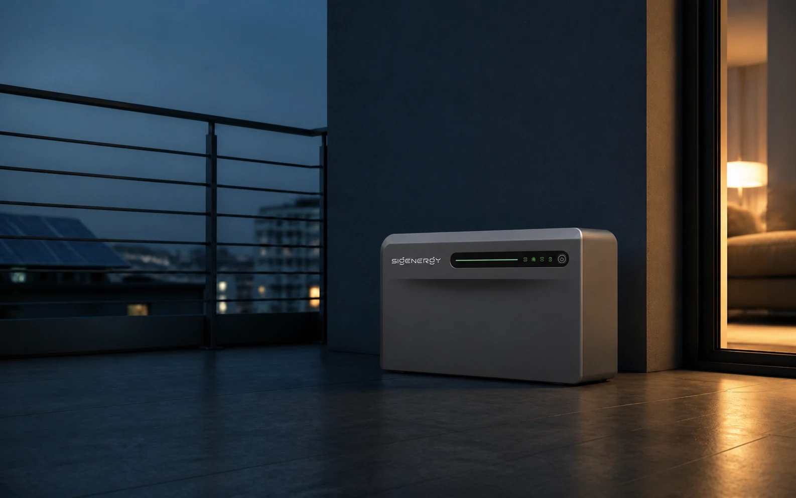 SigenMate 2700 Ultra amplasat pe un balcon urban, seara