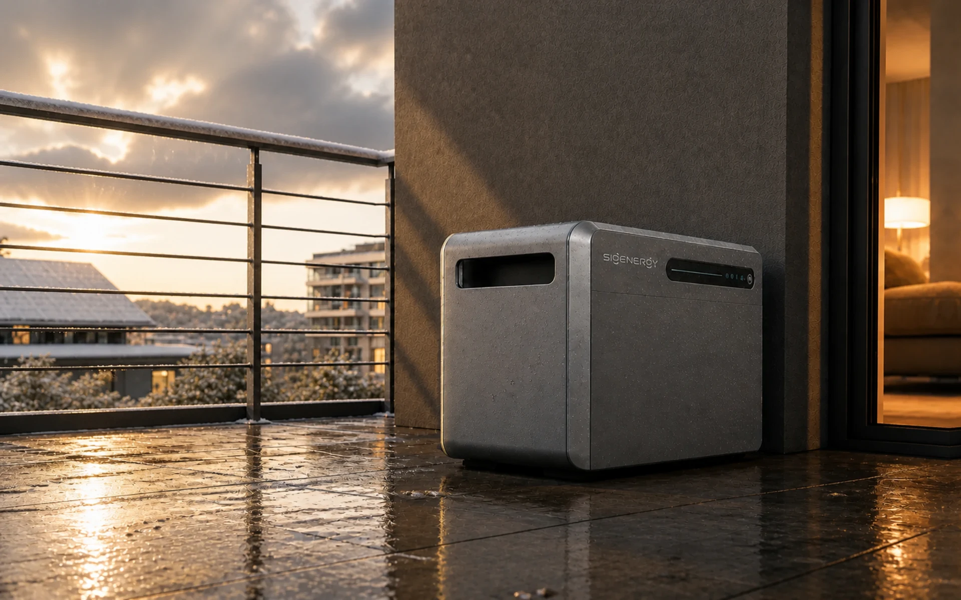SigenMate 2700 Ultra pe un balcon ud, după o ploaie de iarnă, luminat de soare