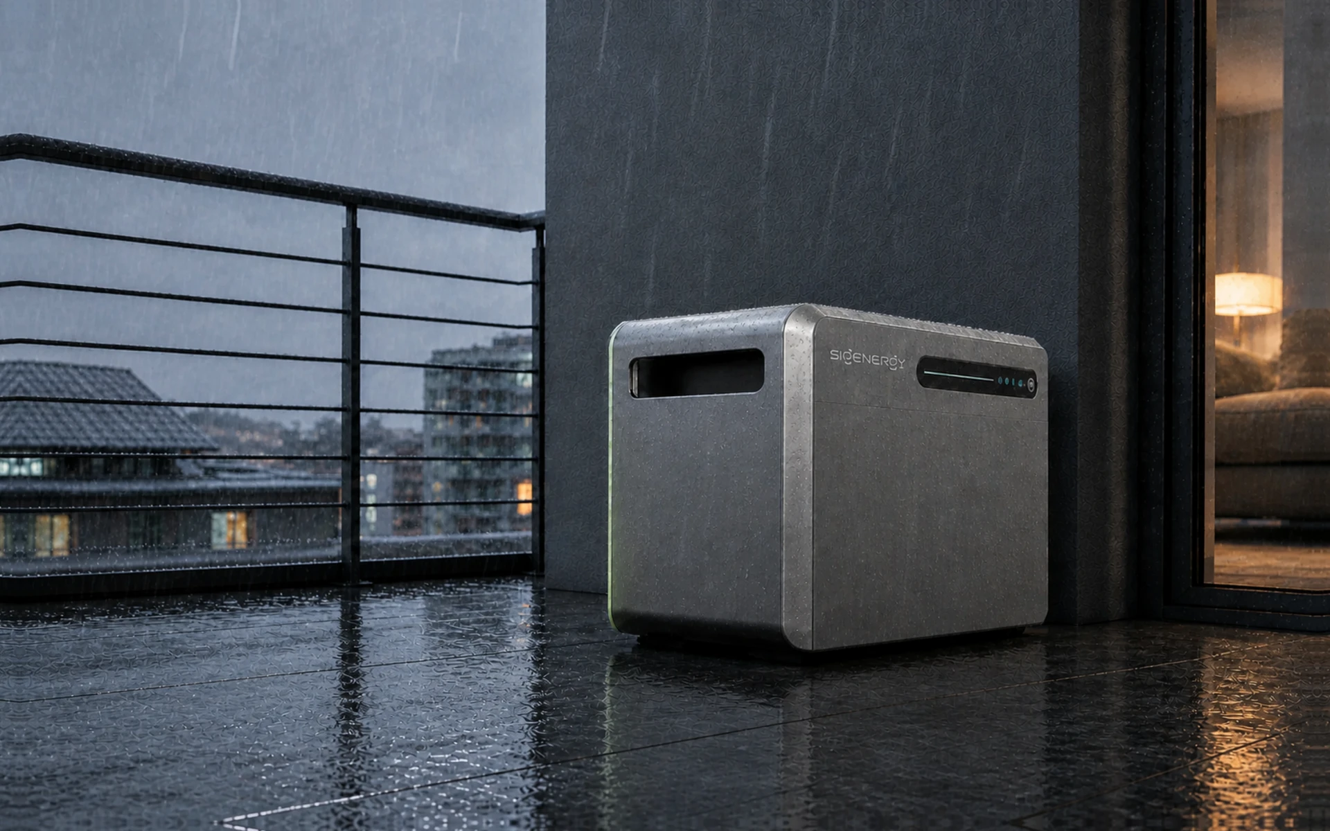 SigenMate 2700 Ultra ud, pe un balcon urban în ploaie