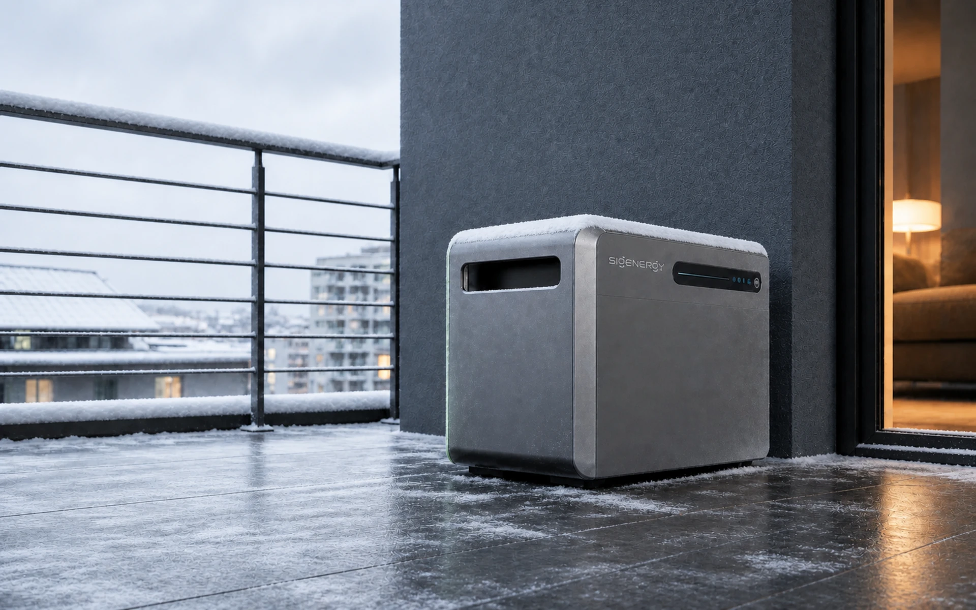 SigenMate 2700 Ultra pe un balcon urban iarna
